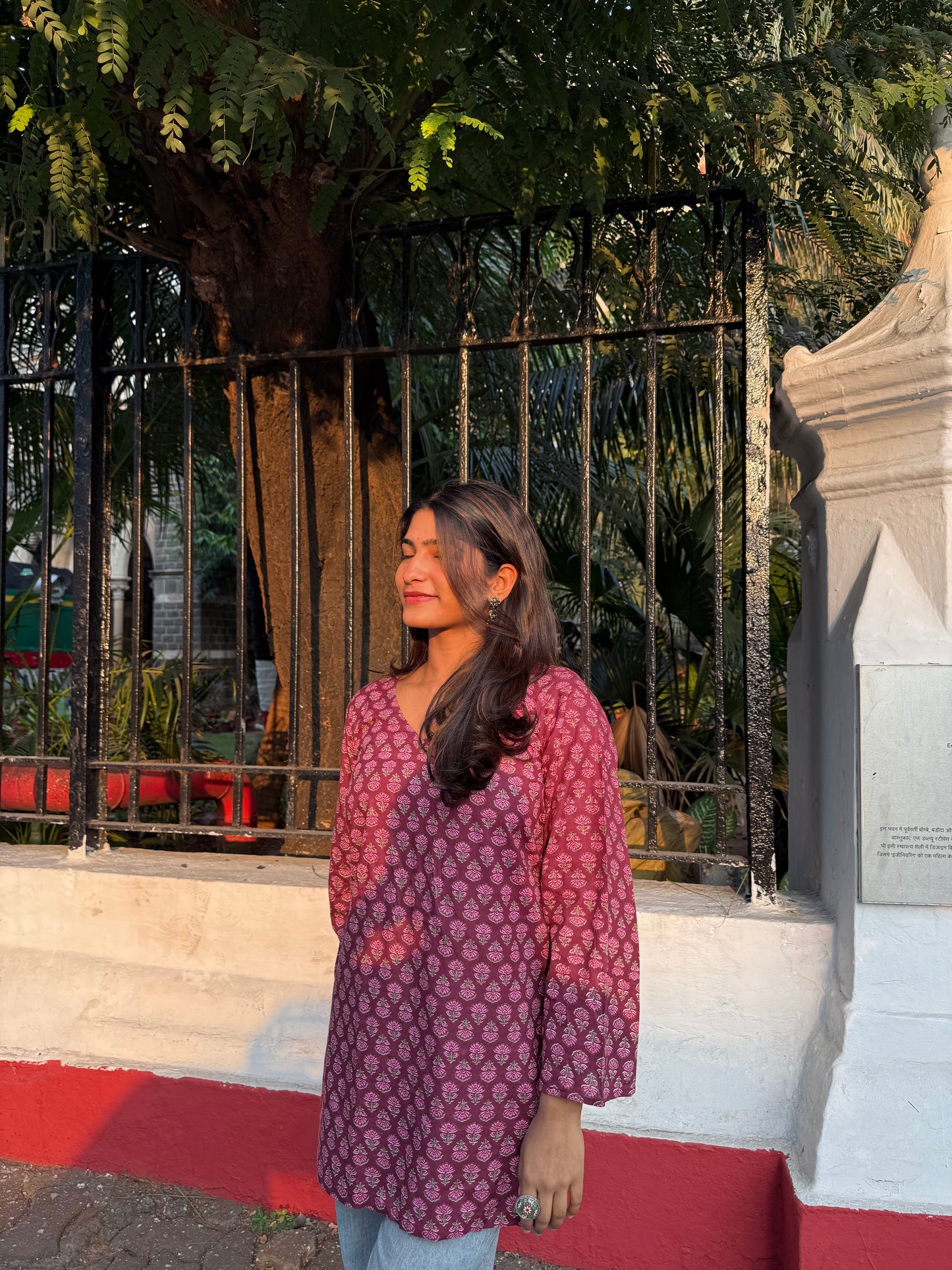 Maroon Handblock-Inspired Printed Kurti – 100% Cotton