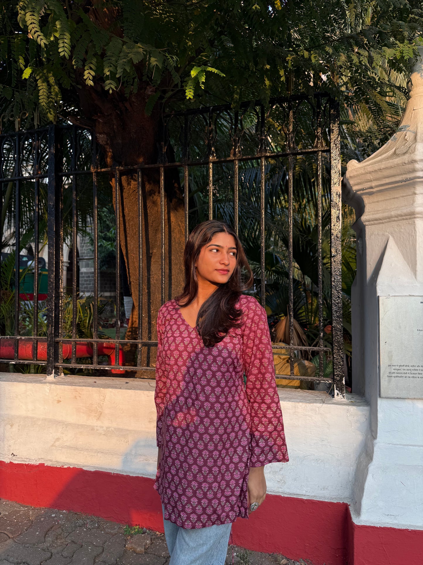 Maroon Handblock-Inspired Printed Kurti – 100% Cotton