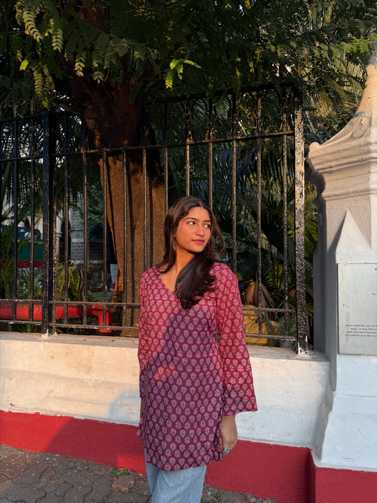 Maroon Handblock-Inspired Printed Kurti – 100% Cotton
